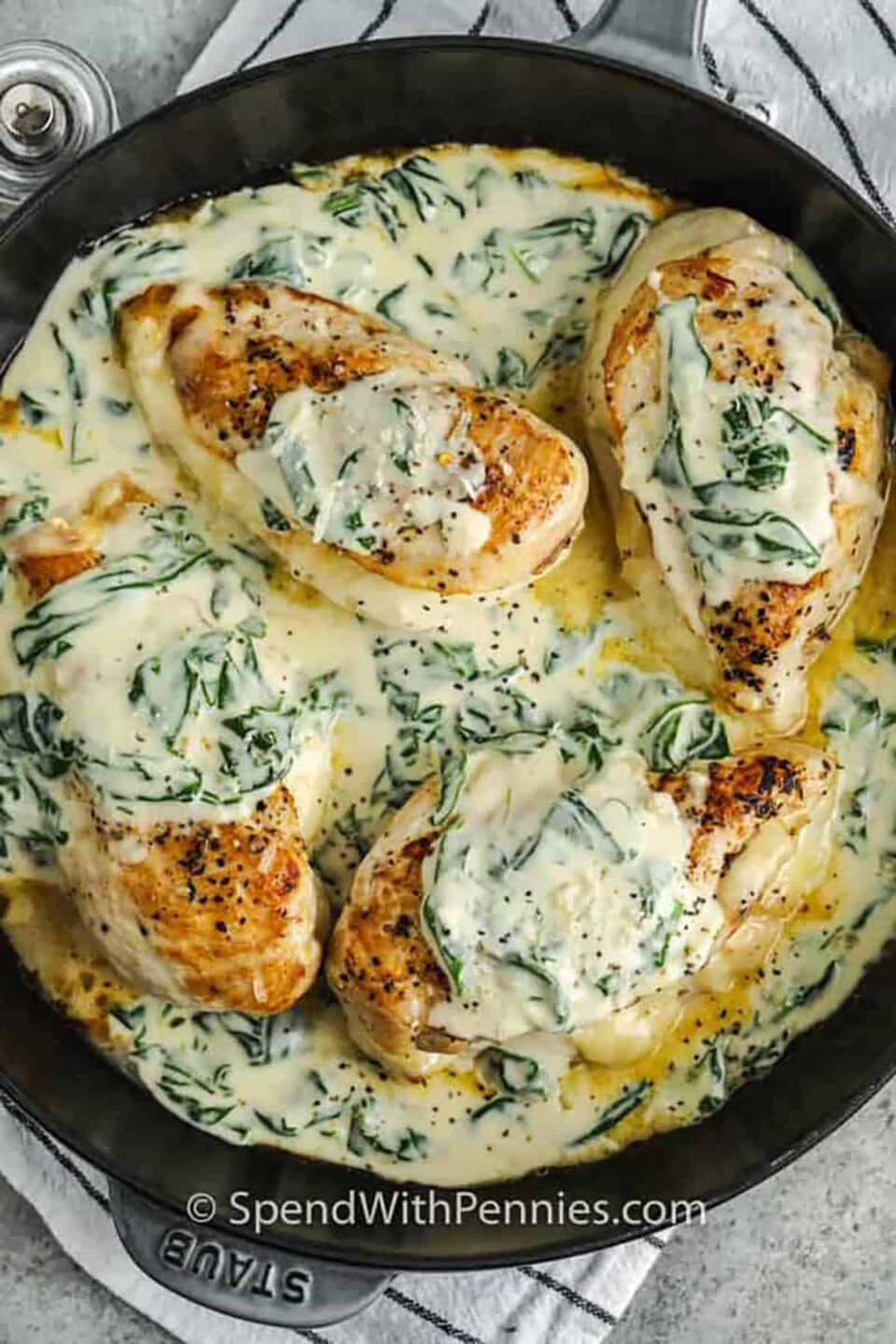 Creamy cheesy Chicken and Spinach in the pan