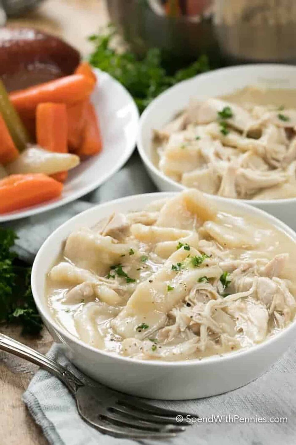 bowls of creamy Old Fashioned Chicken and Dumplings