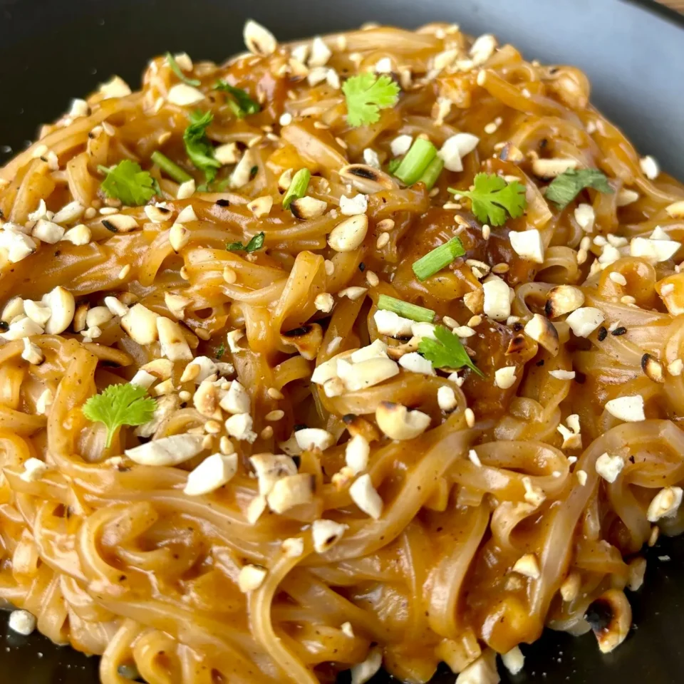 Thai peanut noodles garnished with peanuts, cilantro, and green onions in a black dish, with small bowls of ingredients in the background.