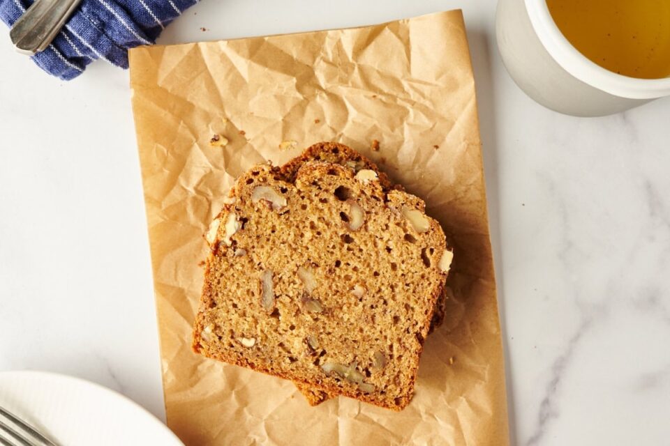Slice of sourdough starter discard banana bread.