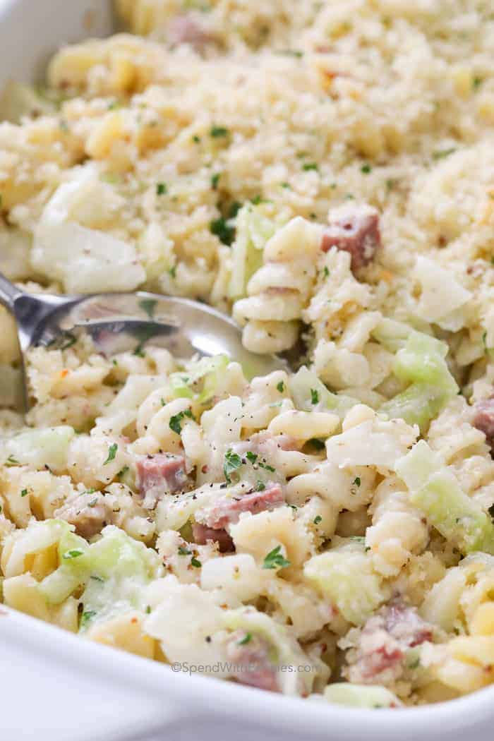Spoonful of Reuben Casserole being scooped from a casserole dish