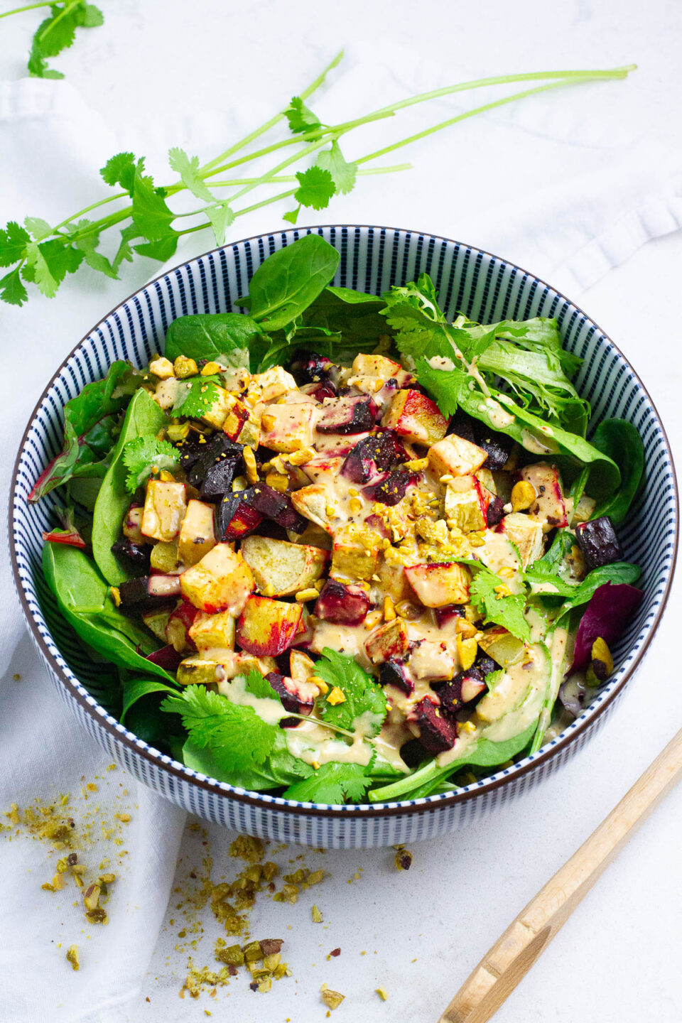 Japanese sweet potato and beetroot salad in a bowl.