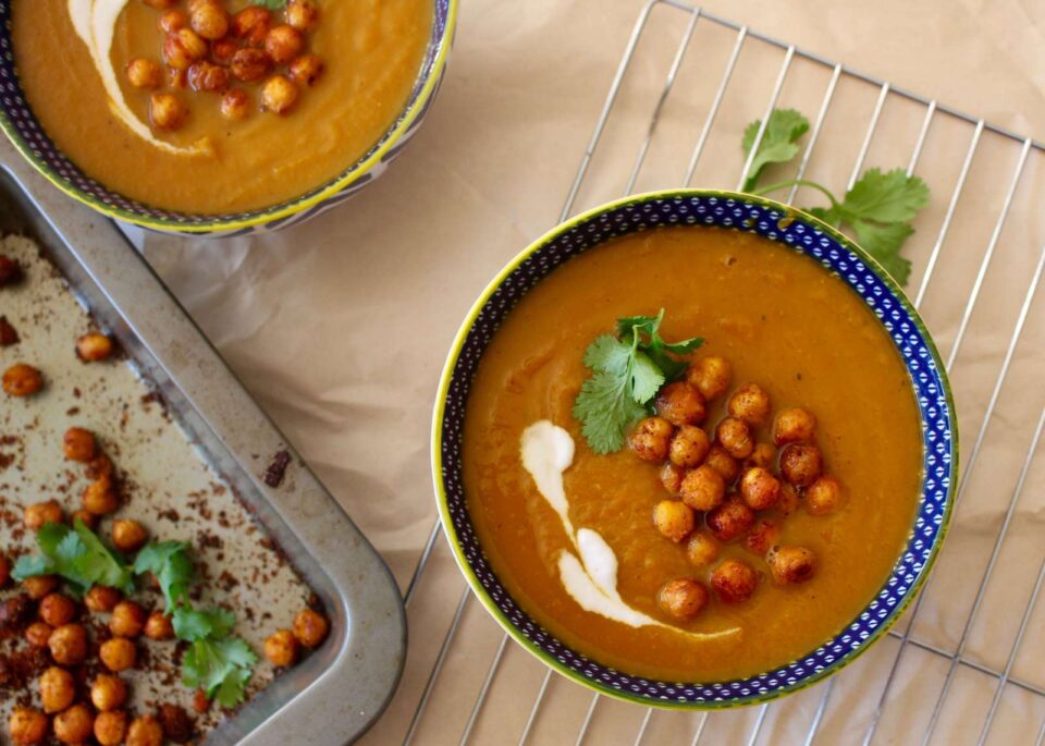 Apple Carrot Sweet Potato Soup With Garam Masala Roasted Chickpeas Recipe