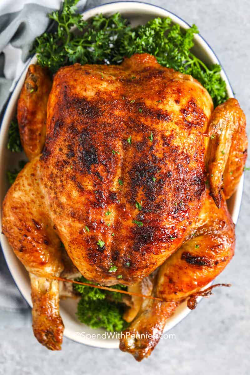 top view of Easy Rotisserie Chicken Recipe on a plate