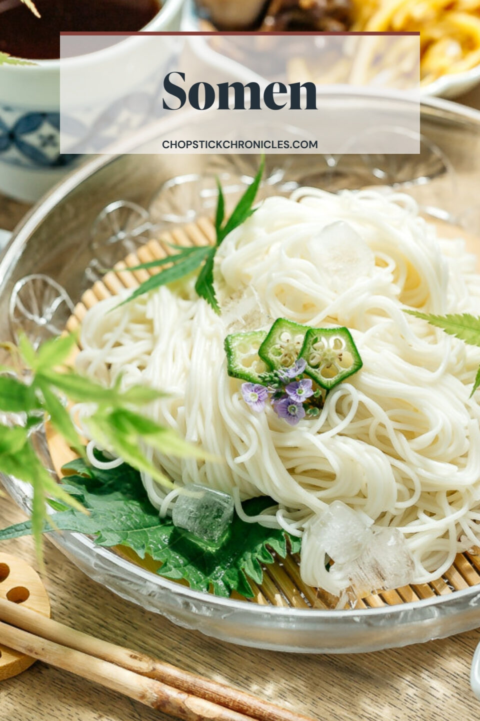Cold Noodles Sopian served on a glass slab with text overlapping for Pinterest