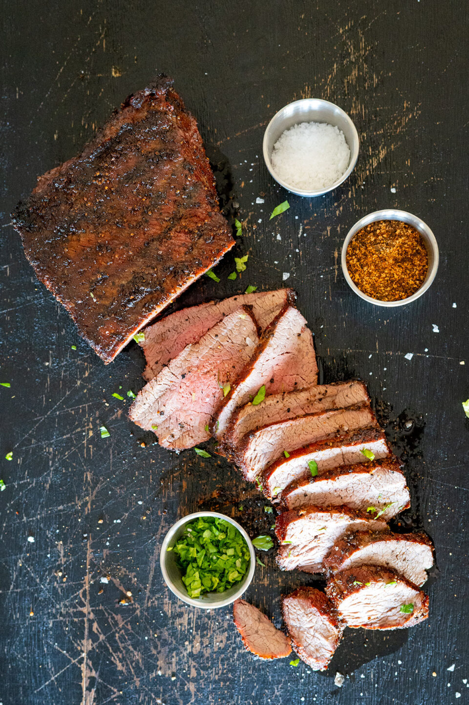 sliced tri tip.